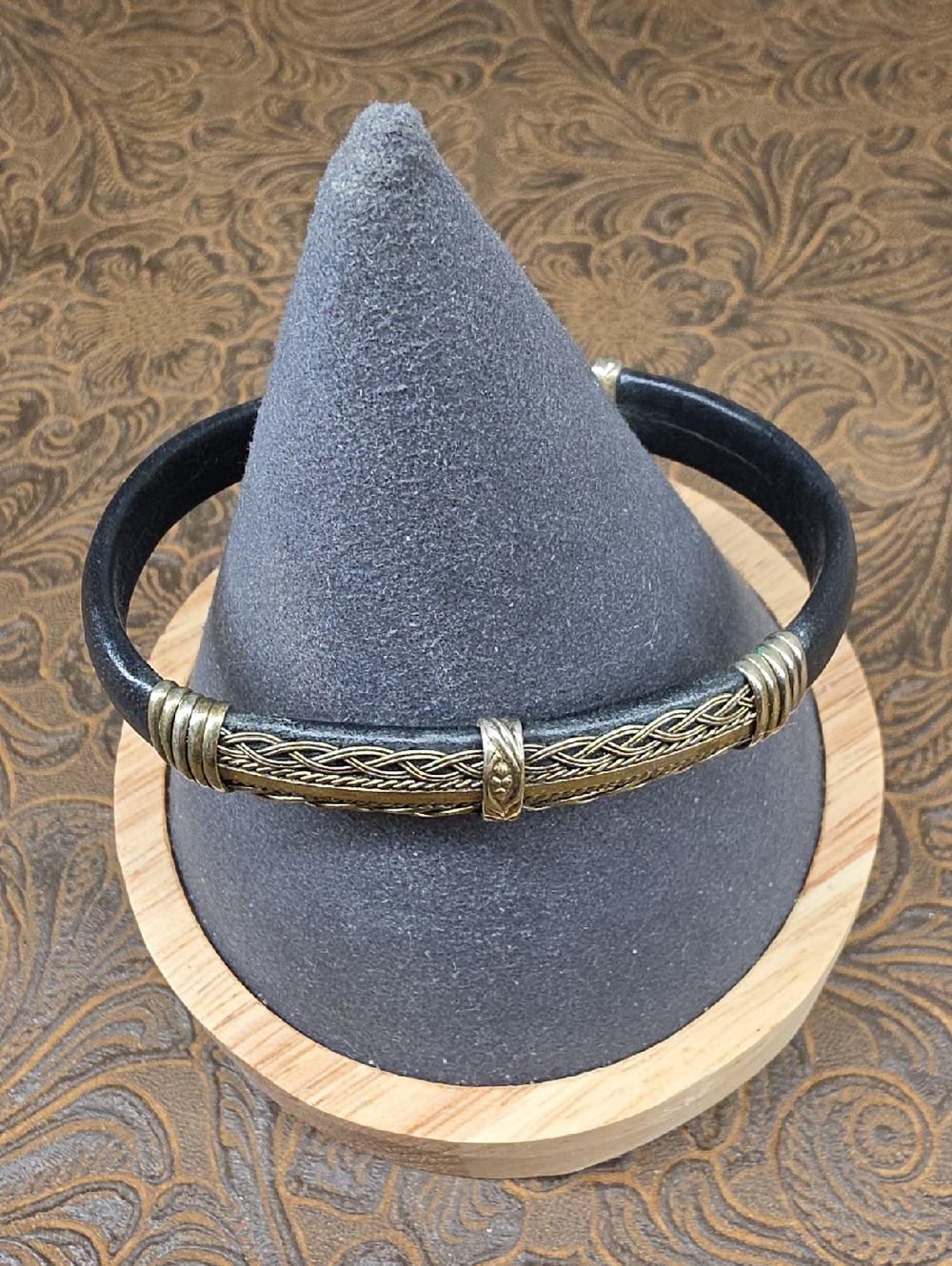 Vintage Western Leather Black Gold Braided Metal Adjustable Cuff Bracelet